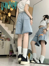 Lunivop Rainbow Printing Women’s High Waist Loose Blue Denim Shorts Summer New Casual Unisex